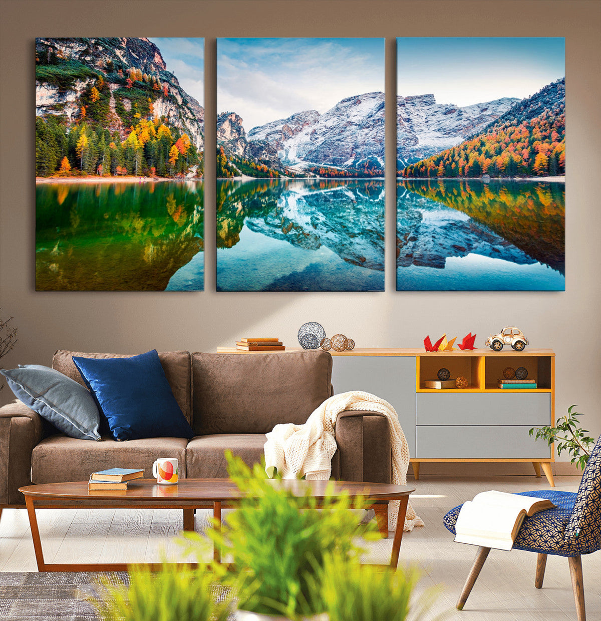 Spectacular autumn view of Braies Lake Wall Art Canvas Print
