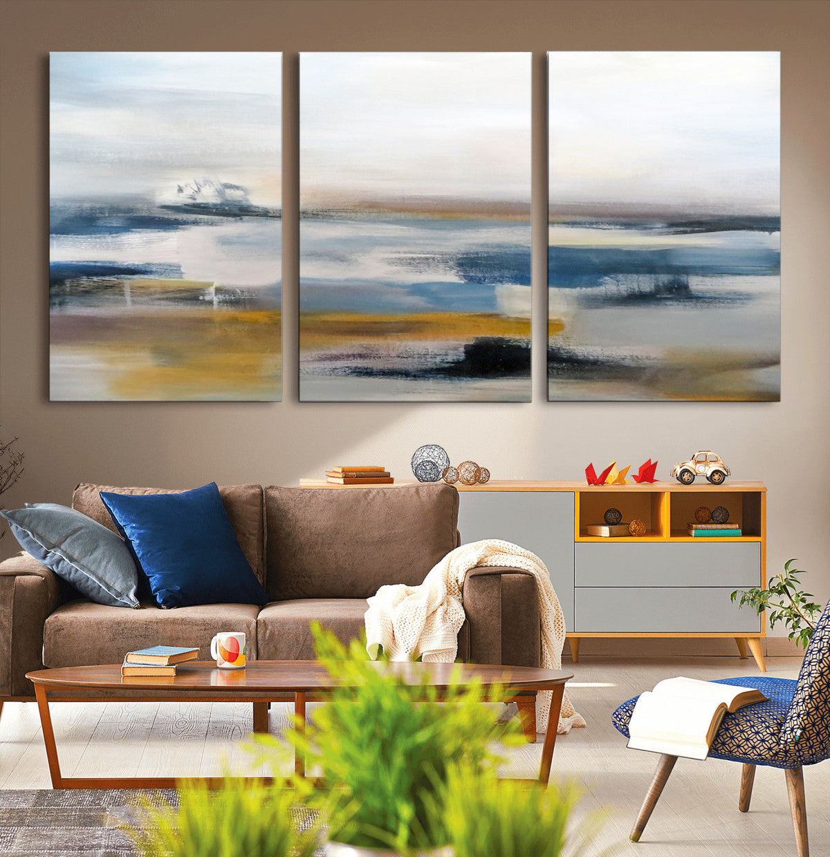Abstract Landscape Wall Art Canvas | 3 Panel Modern Blue,
