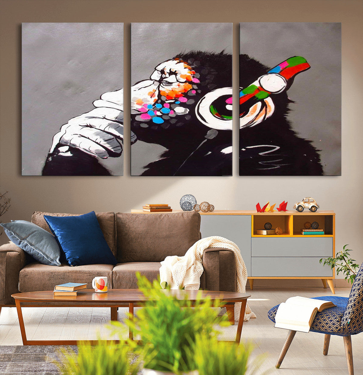 Dj Monkey Listening to Music Wall Art Print | Banksy Monkey