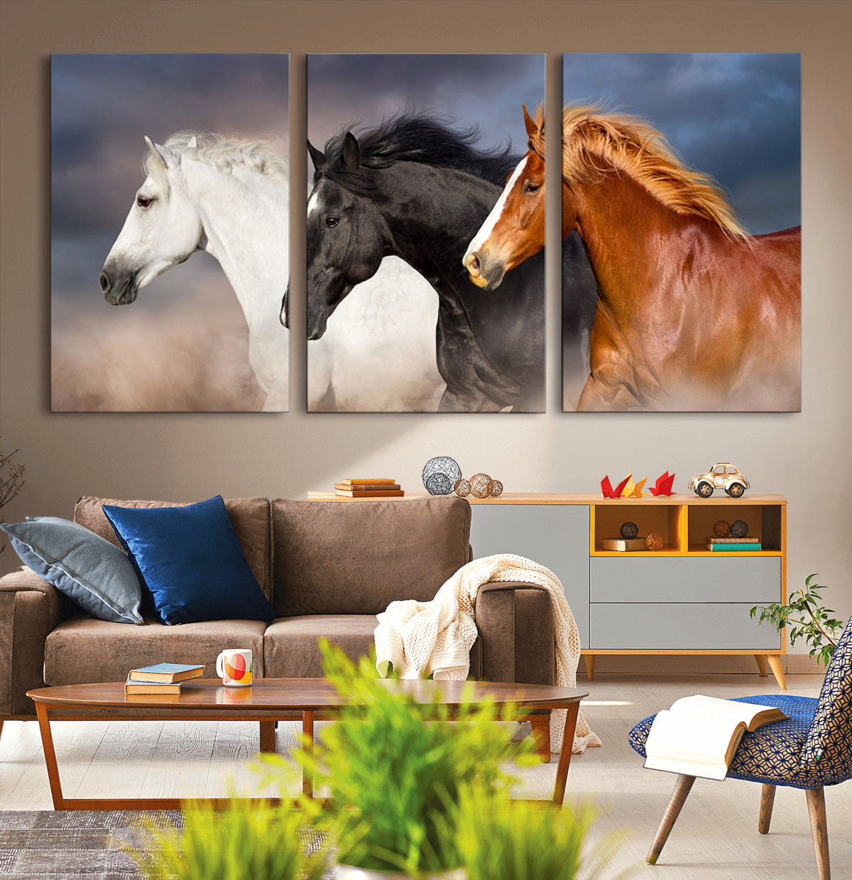 Animal Wall Art Three Horses Farmhouse Art Canvas, Framed