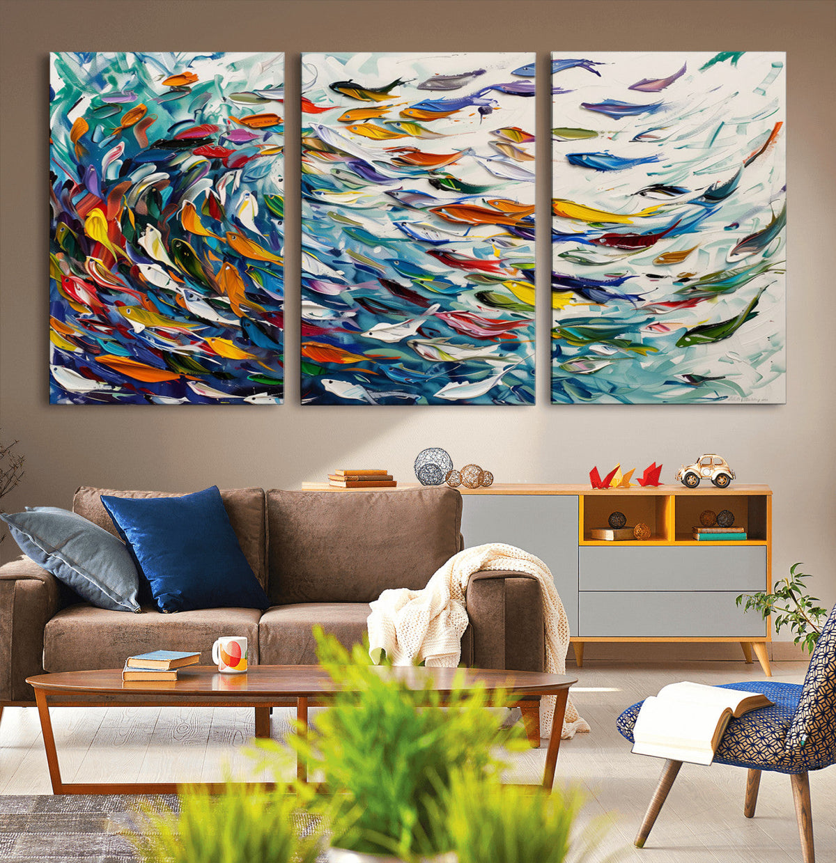 Modern Abstract Fish Shoal Wall Art Canvas Print, Colorful