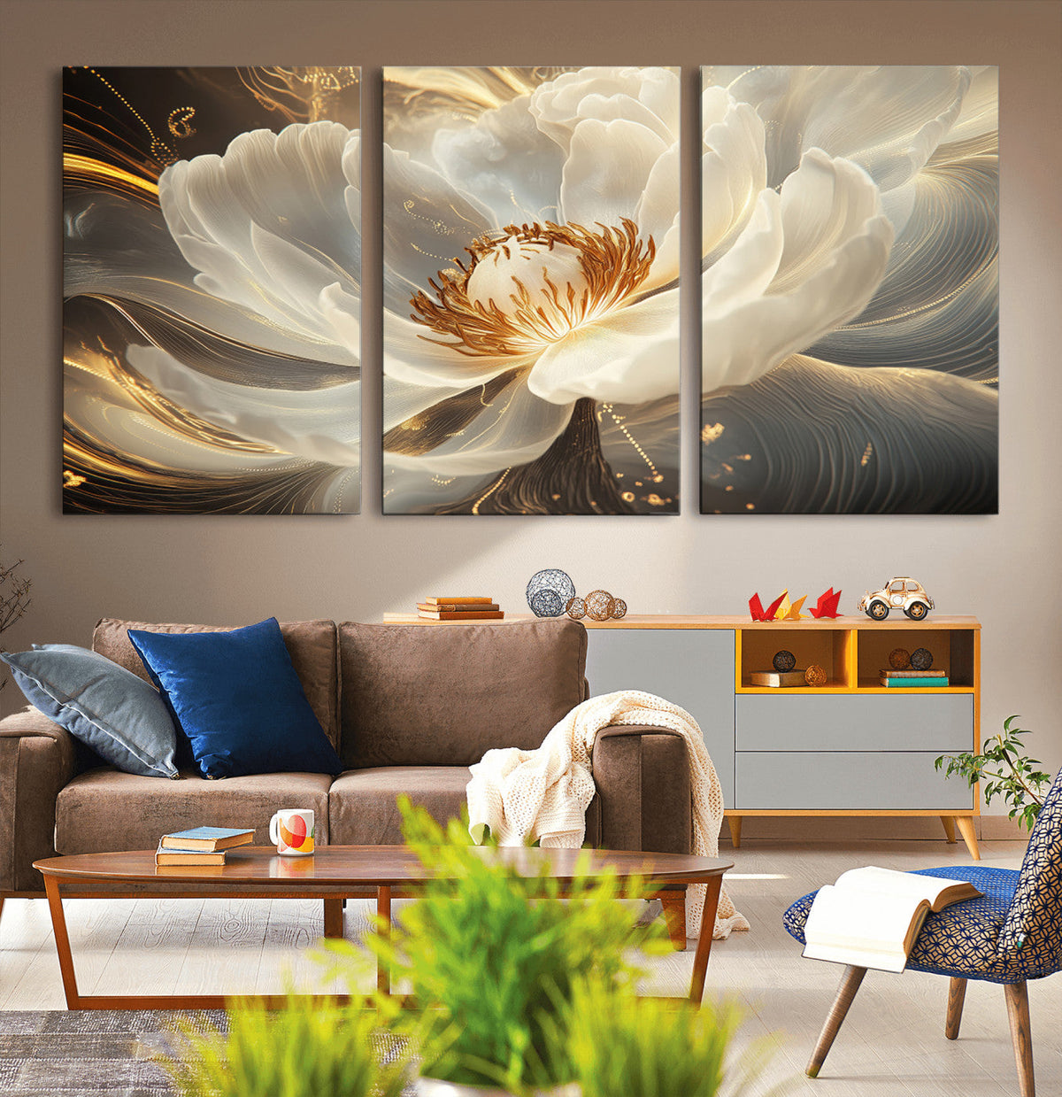 Gold Floral Wall Art Canvas Print, Framed Modern Flower Art
