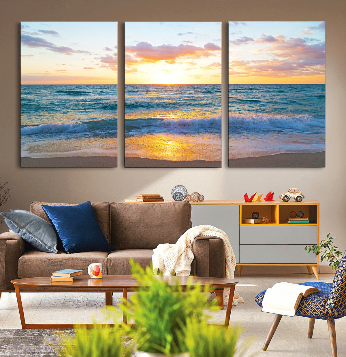 Golden Sunset Over Ocean Waves - Serene Coastal Triptych