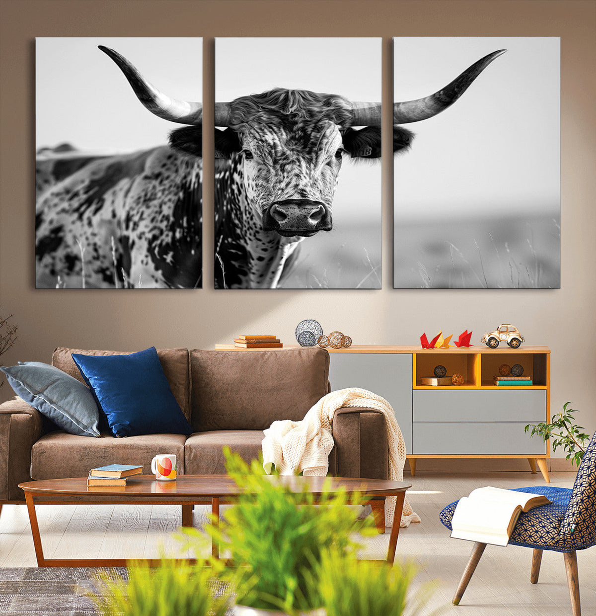 Texas Highland Cow Longhorn Canvas Print - Rustic Farmhouse