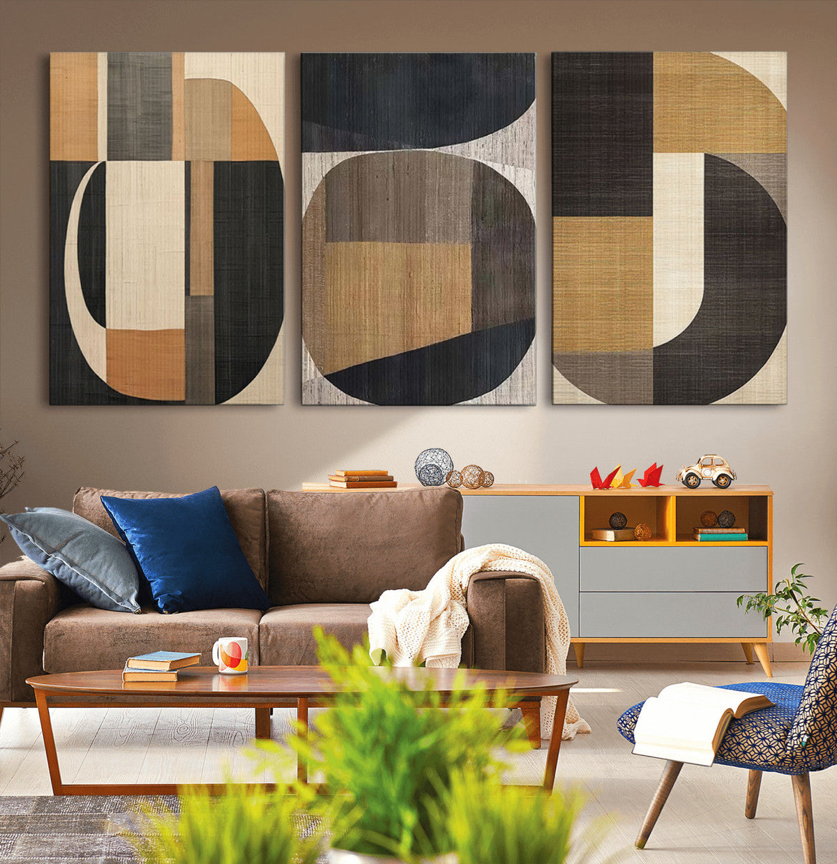 Modern Brown Wabi Sabi Wall Art Canvas Print Set – Framed