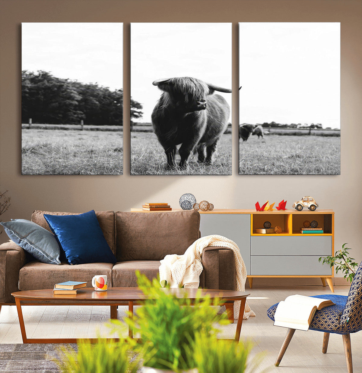 Black and White Highland Cow Wall Art Canvas Print | Rustic