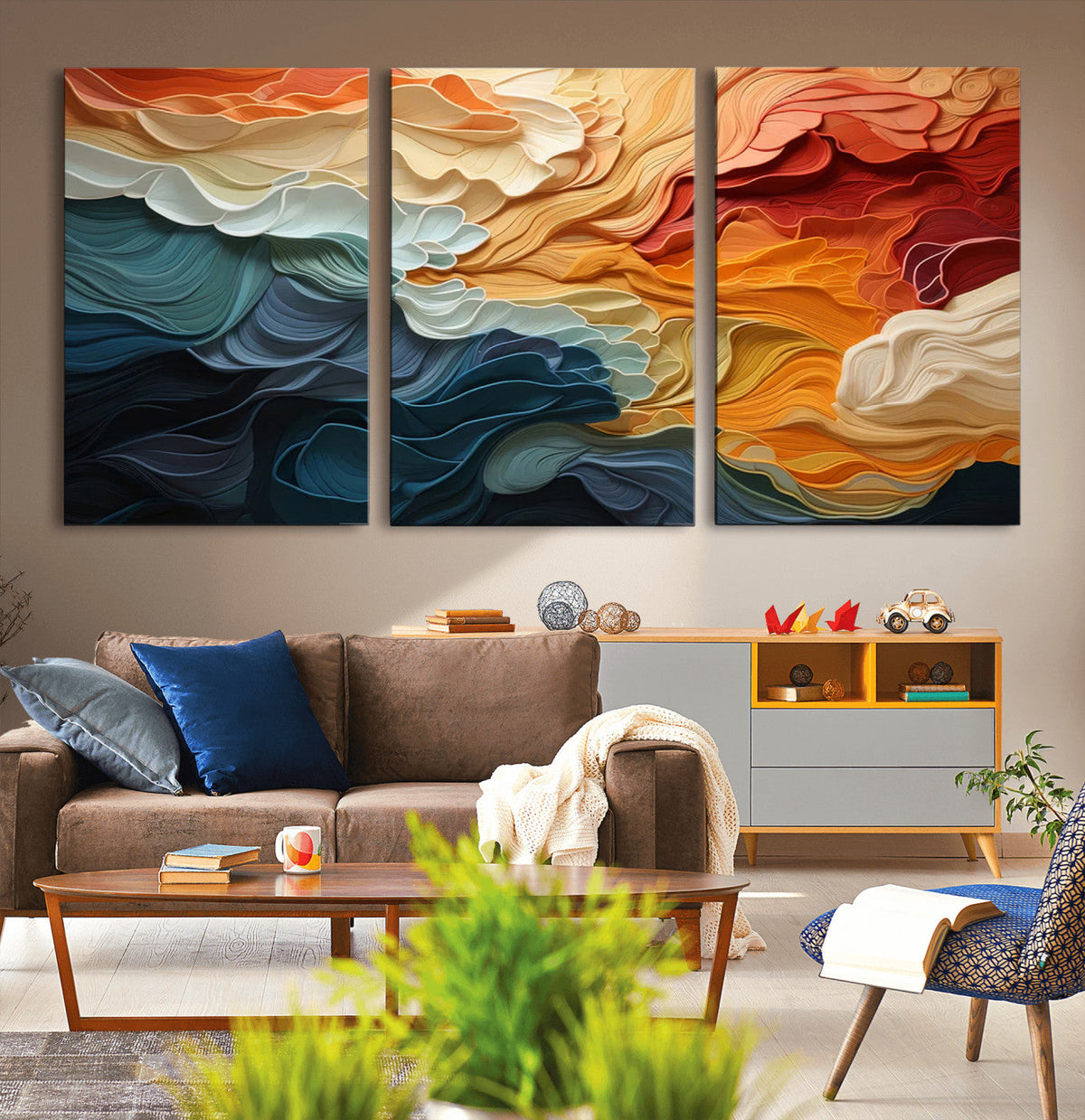 Blue Orange Abstract Wave Wall Art Canvas Print, Framed Blue