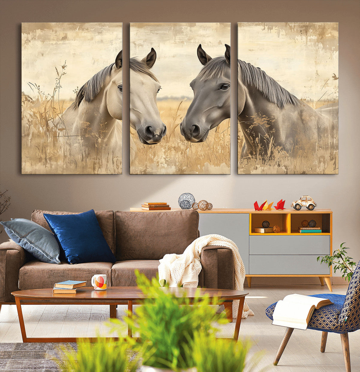 Chines Ink Style Grunge Horses Wall Art Canvas Print