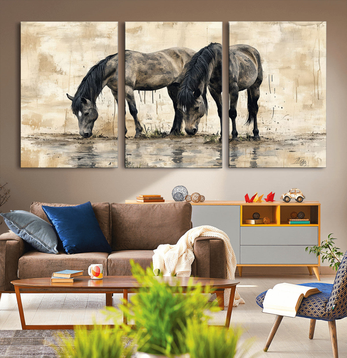 Chinese Style Abstract Black Horses Wall Art Canvas Print -