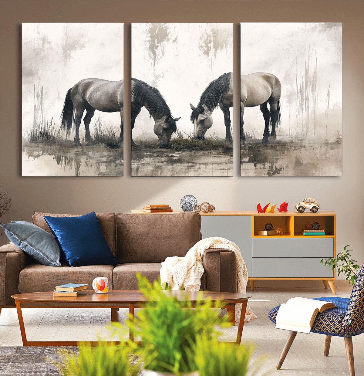 Chines Ink Style Vintage Horses Wall Art Canvas Print for