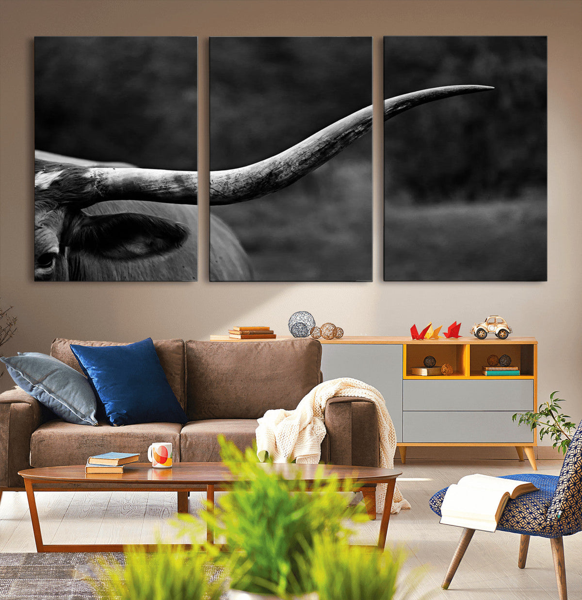 Cow Longhorn Wall Art | Black and White Print | Ready to