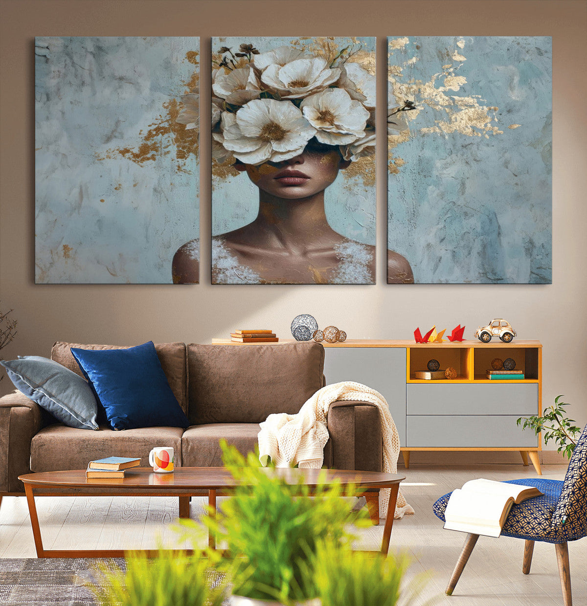 Golden Petal Wall Art - Petal Silhouette Woman Wall Art