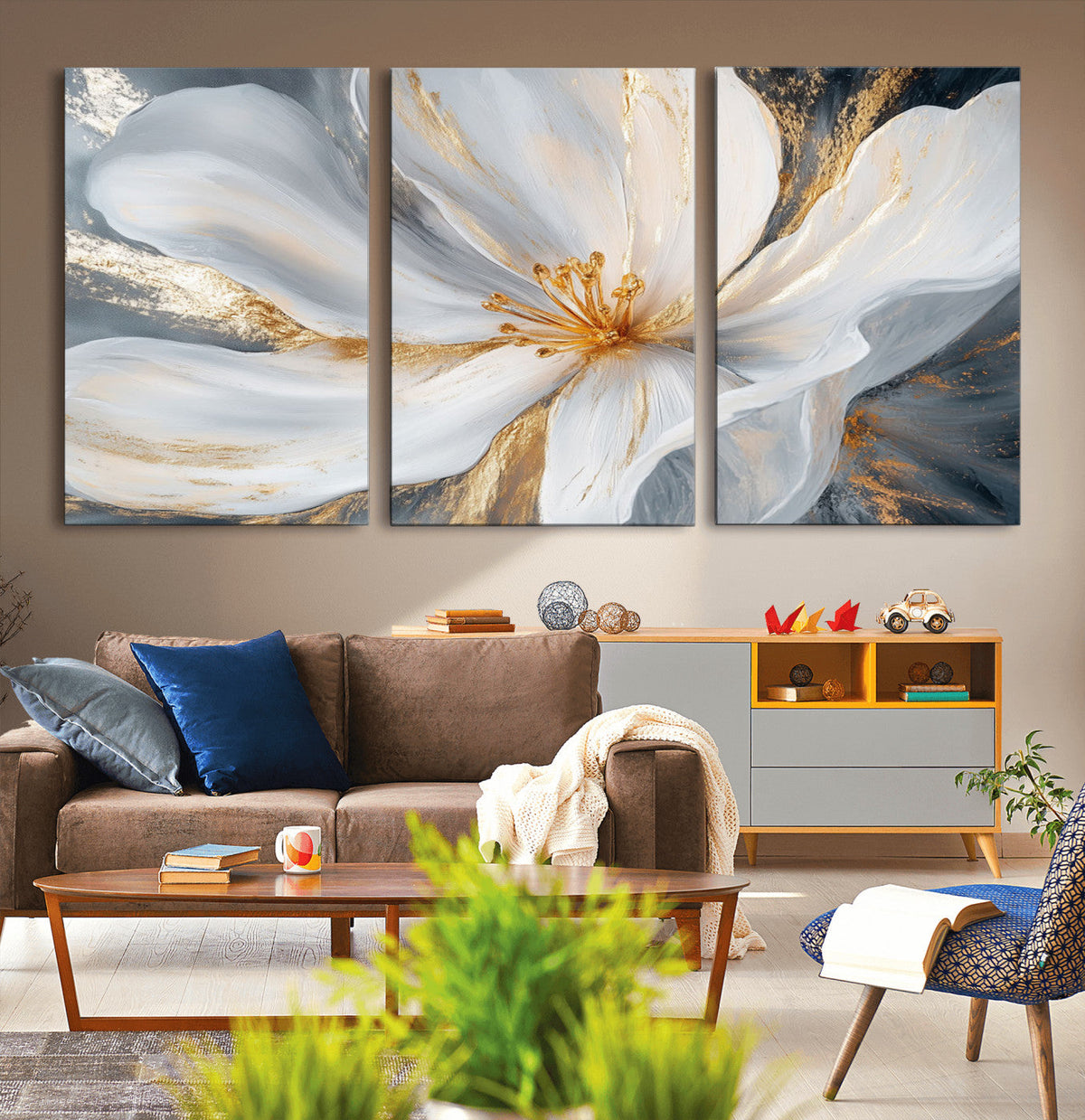 White and Gold Floral Canvas Wall Art - Framed and Ready to
