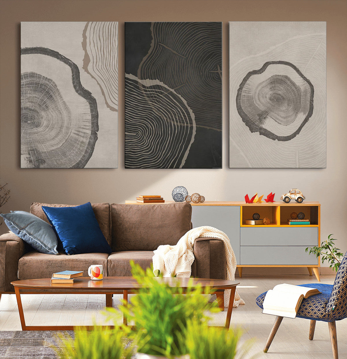 Modern Abstract Tree Ring Canvas Art Set | 3 Panel Large