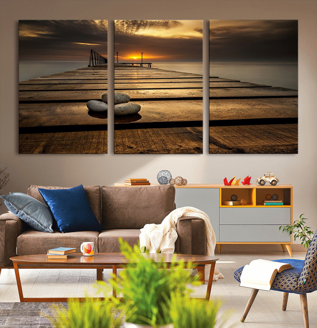 Stones on Wooden Pier at Sunset Canvas Print, Serene Coastal