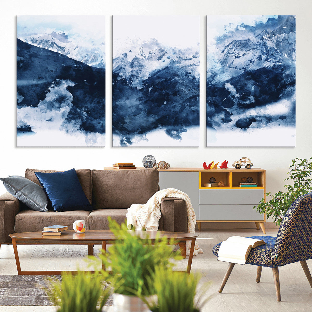 Abstract Blue Mountain Canvas Wall Art – Modern Triptych