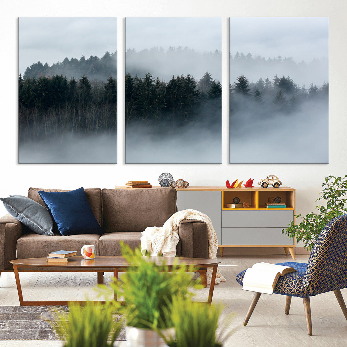Autumn and Misty Trees in the Forest Wall Art Canvas Print,