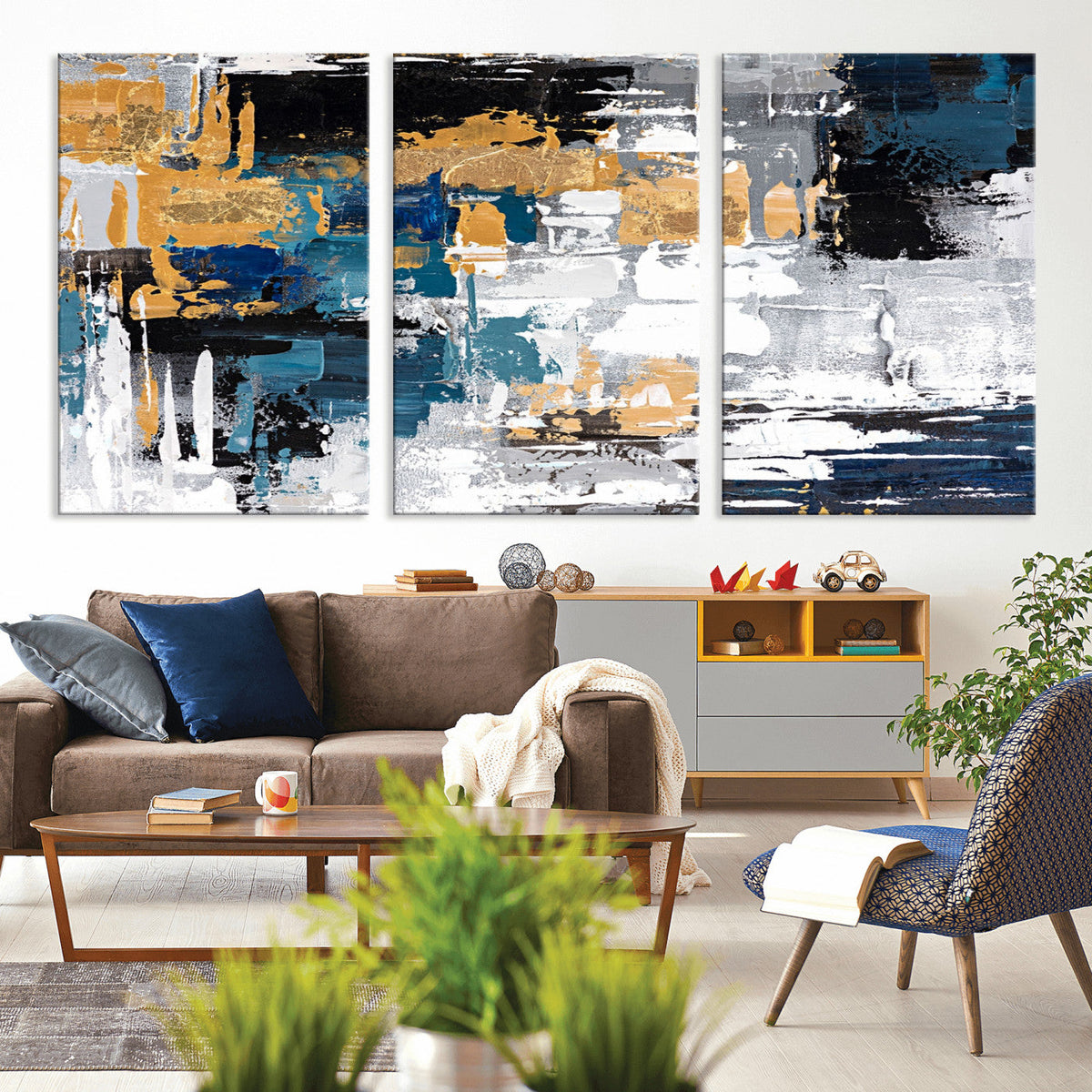 Blue and Gold Abstract Canvas Wall Art – Triptych Modern