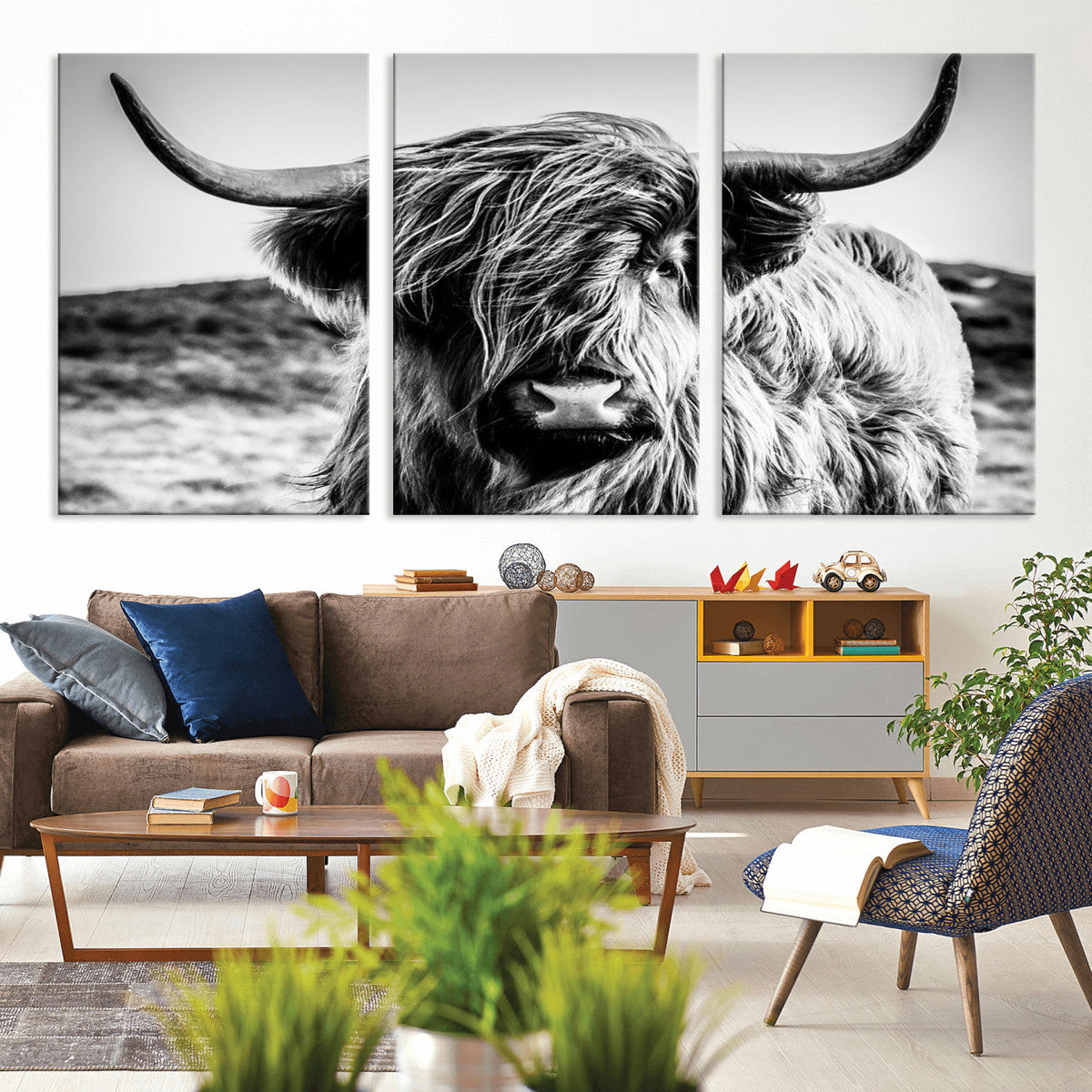 Black and White Scottish Cow Canvas Wall Art Highland Cattle