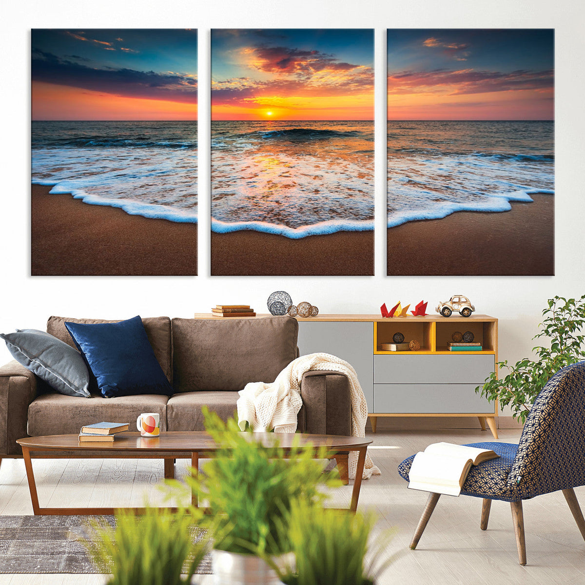 Sunset Beach Canvas Wall Art – Colorful Ocean Waves Triptych