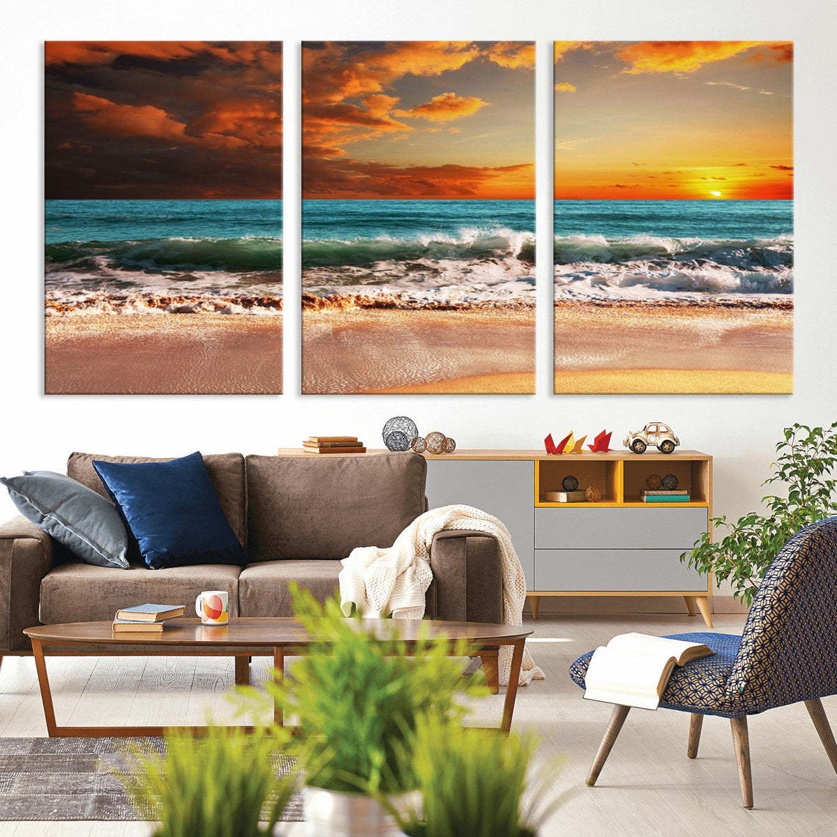 Golden Sunset Beach Canvas Wall Art – Triptych Seascape