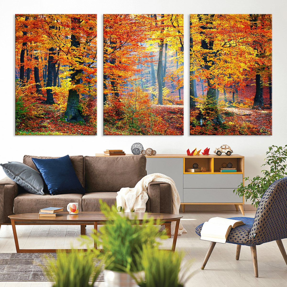 Autumn Red Forest Triptych Canvas Wall Art Print, Forest
