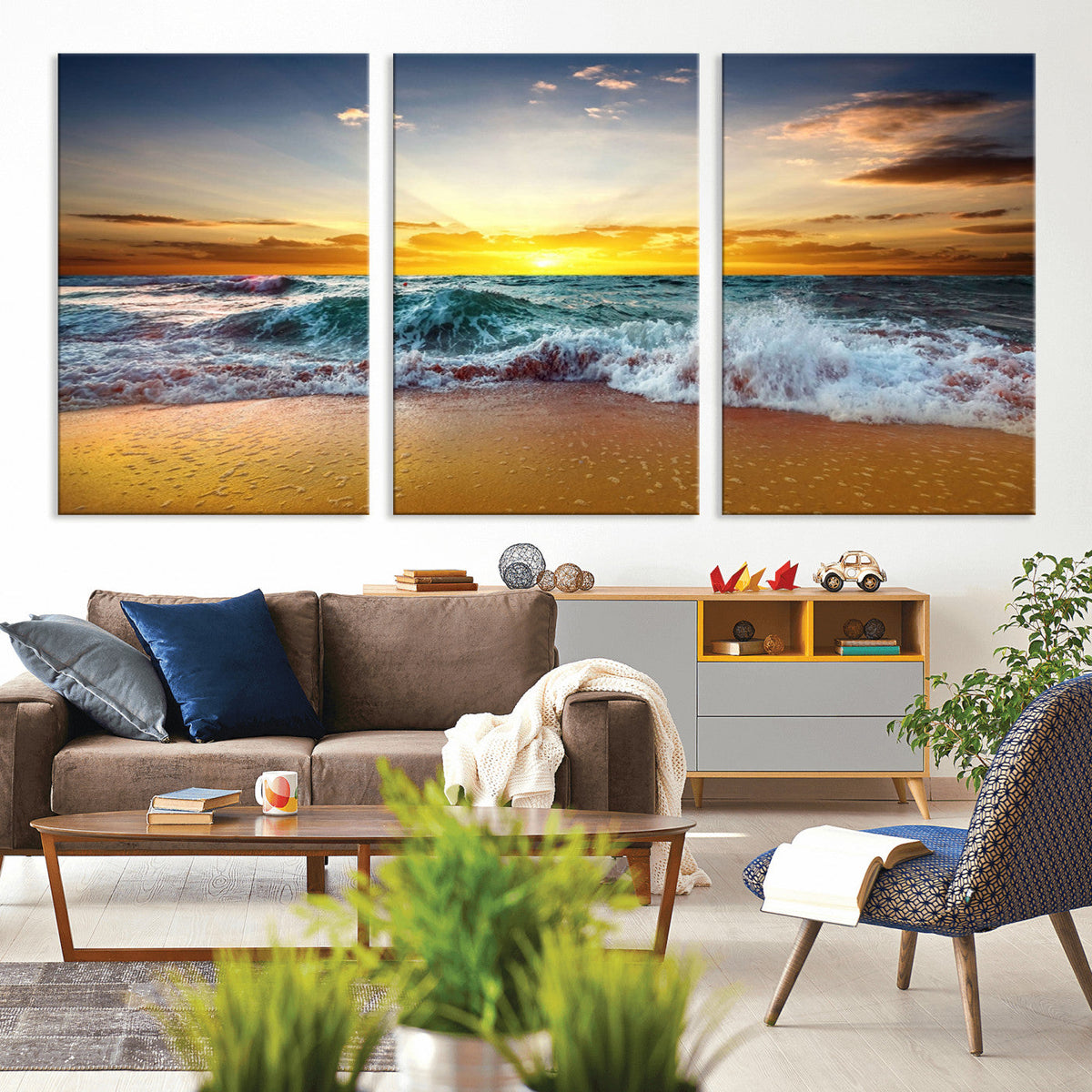Golden Sunset Ocean Waves Wall Art Canvas Print – Multi