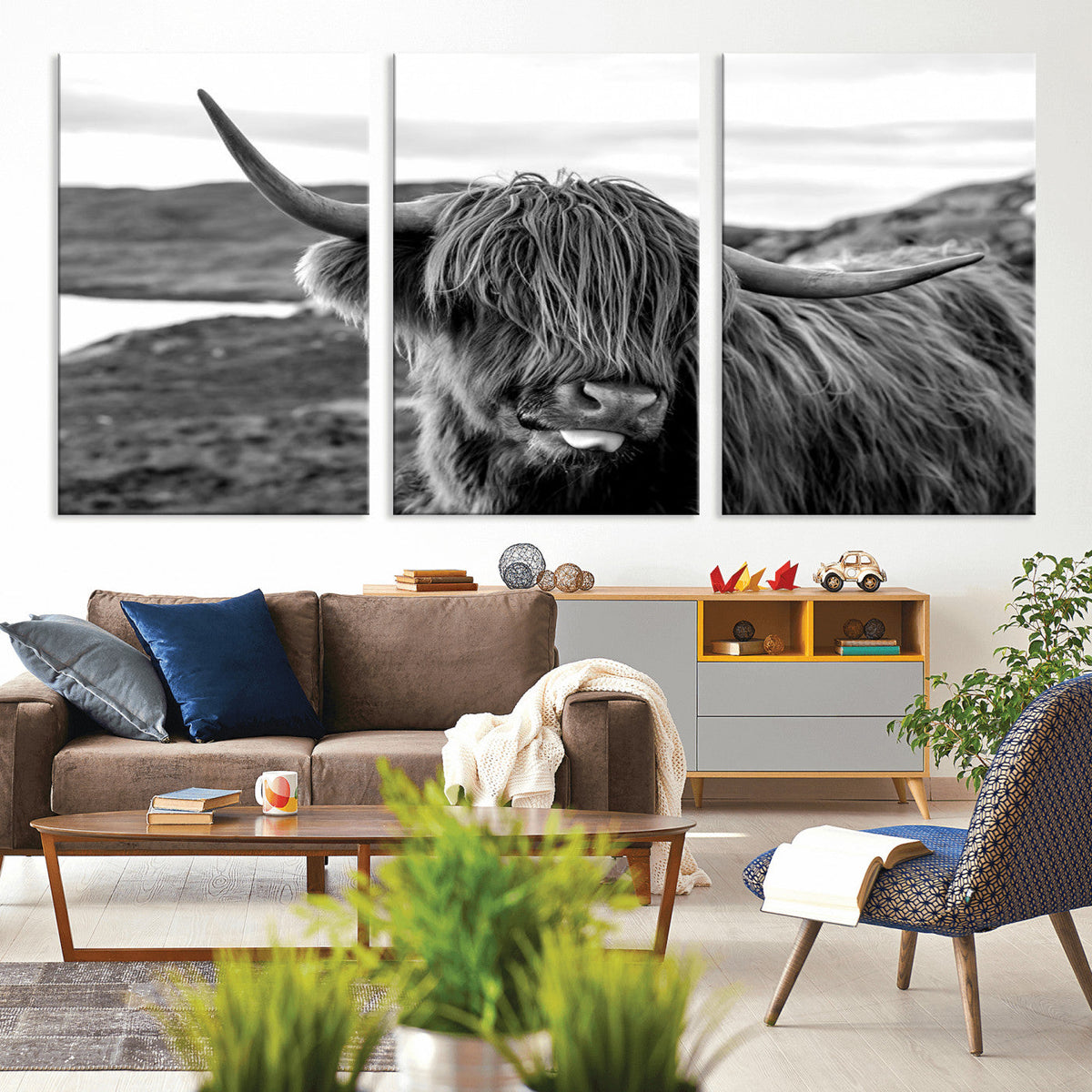 Longhorn Steer Canvas Print Wall Art, Highland Cow Canvas