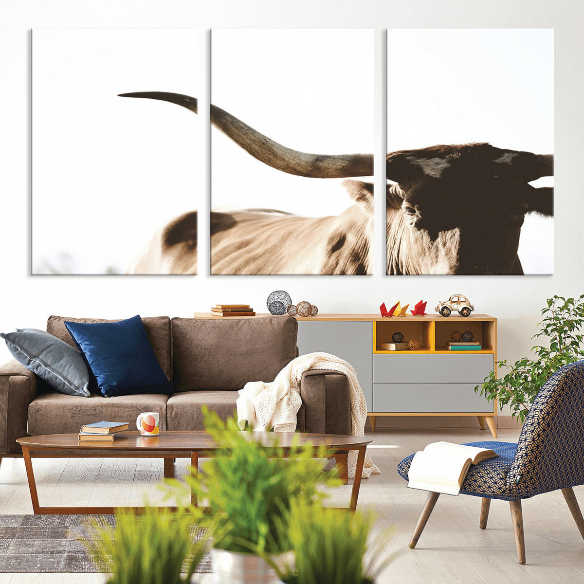Texas Longhorn Wall Art Canvas Print | 3-Panel Large