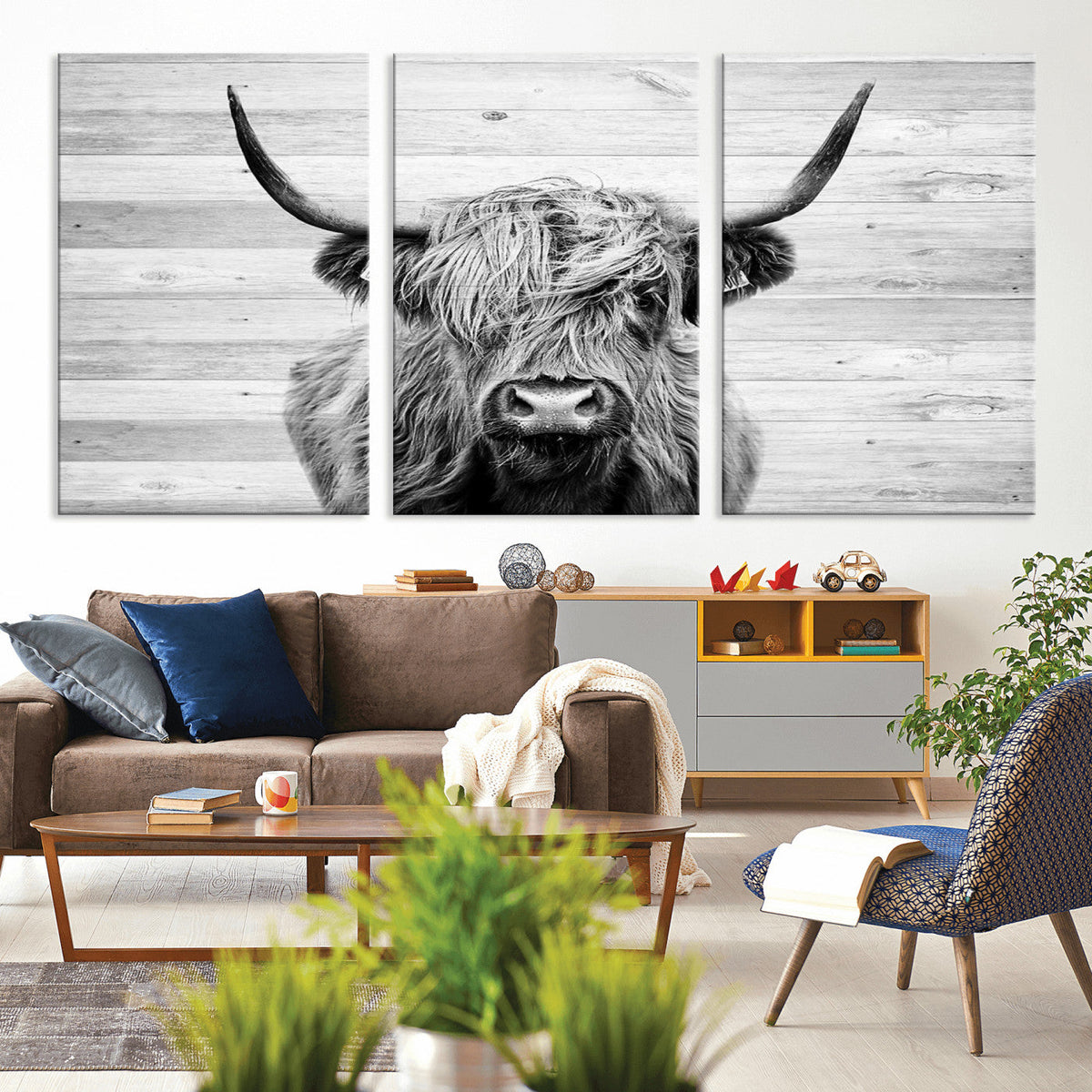 Scottish Highland Cow Cattle Art Print on Wood Background