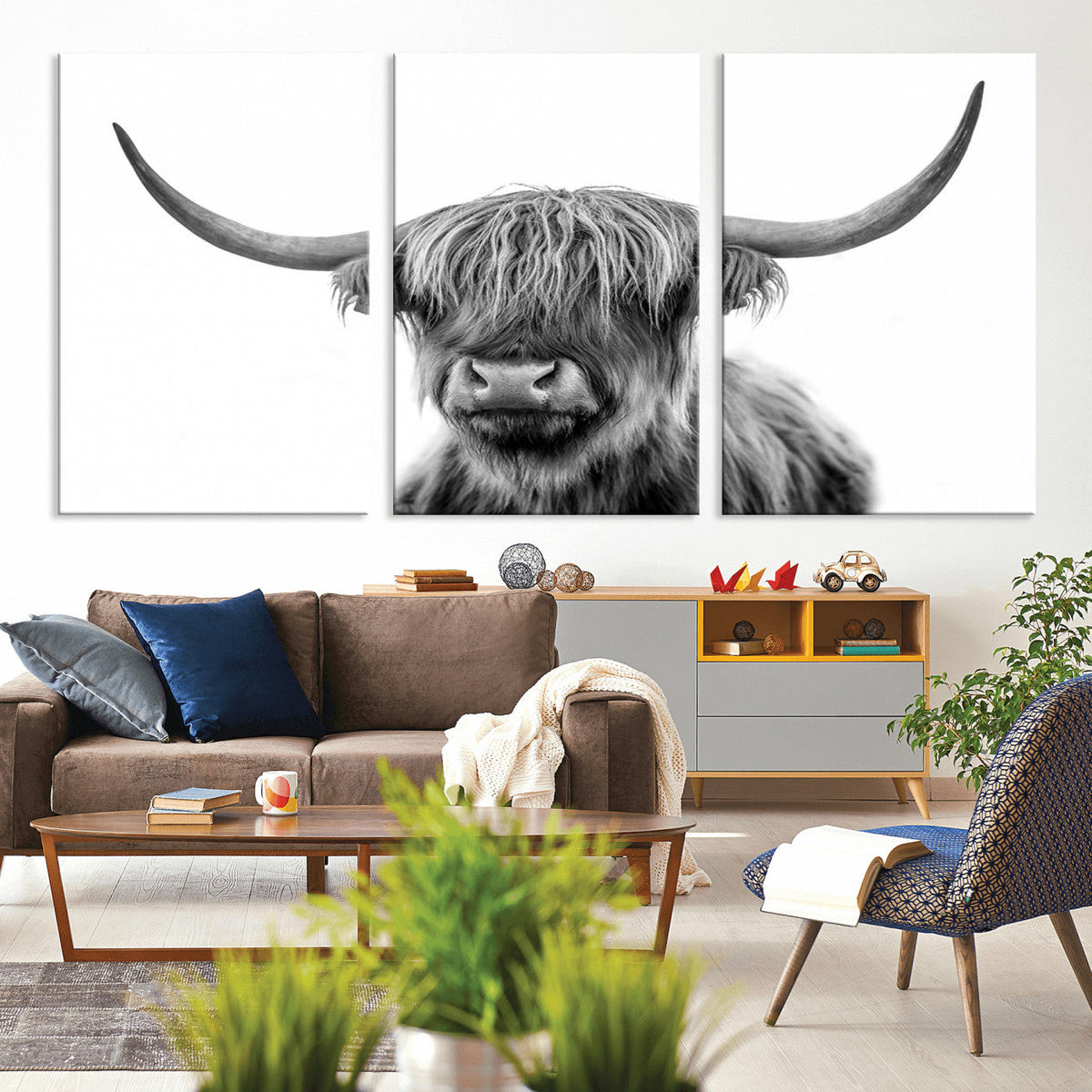 Grayscale Scottish Highland Cow Cattle Art Print Farmhouse
