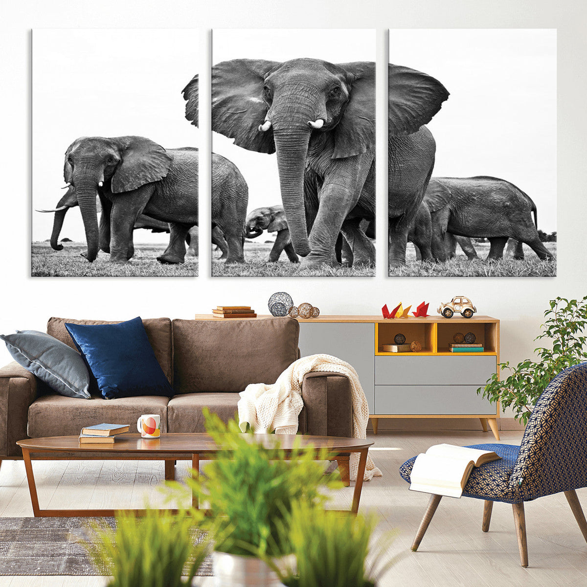 Black White Elephant Family Wall Art Canvas Print