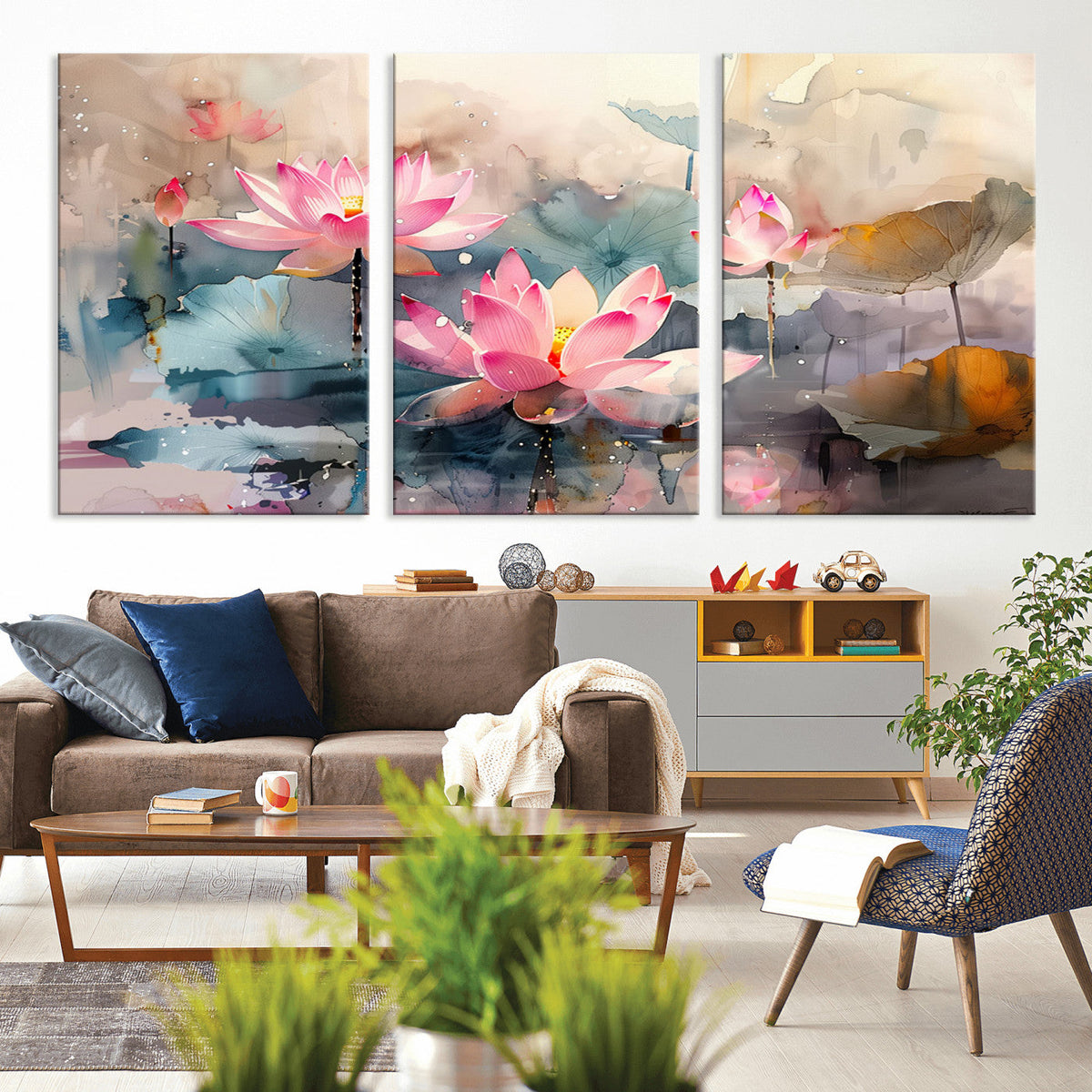 Lotus Flower Wall Art | 3-Panel Giclee Canvas Print of Pink