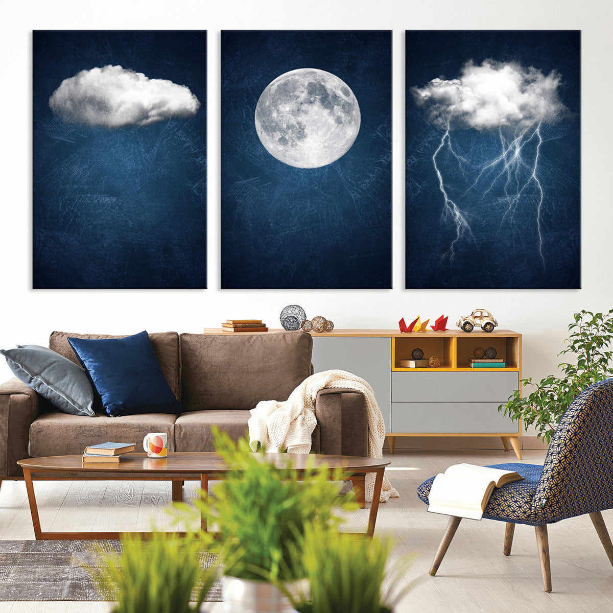 Dark Blue Cloud Art, 3 Piece Indigo Blue Wall Art, Aesthetic