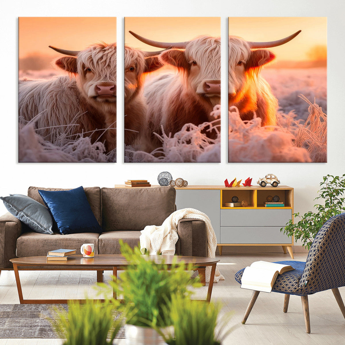 Highland Cows at Sunrise Wall Art Canvas Set – Serene and