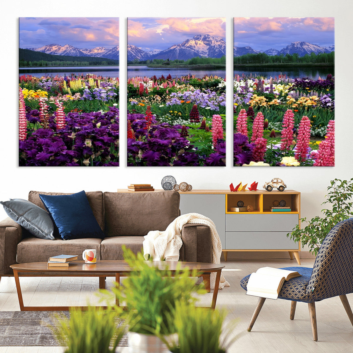 Vibrant Wildflower Garden and Mountain View Giclee Canvas