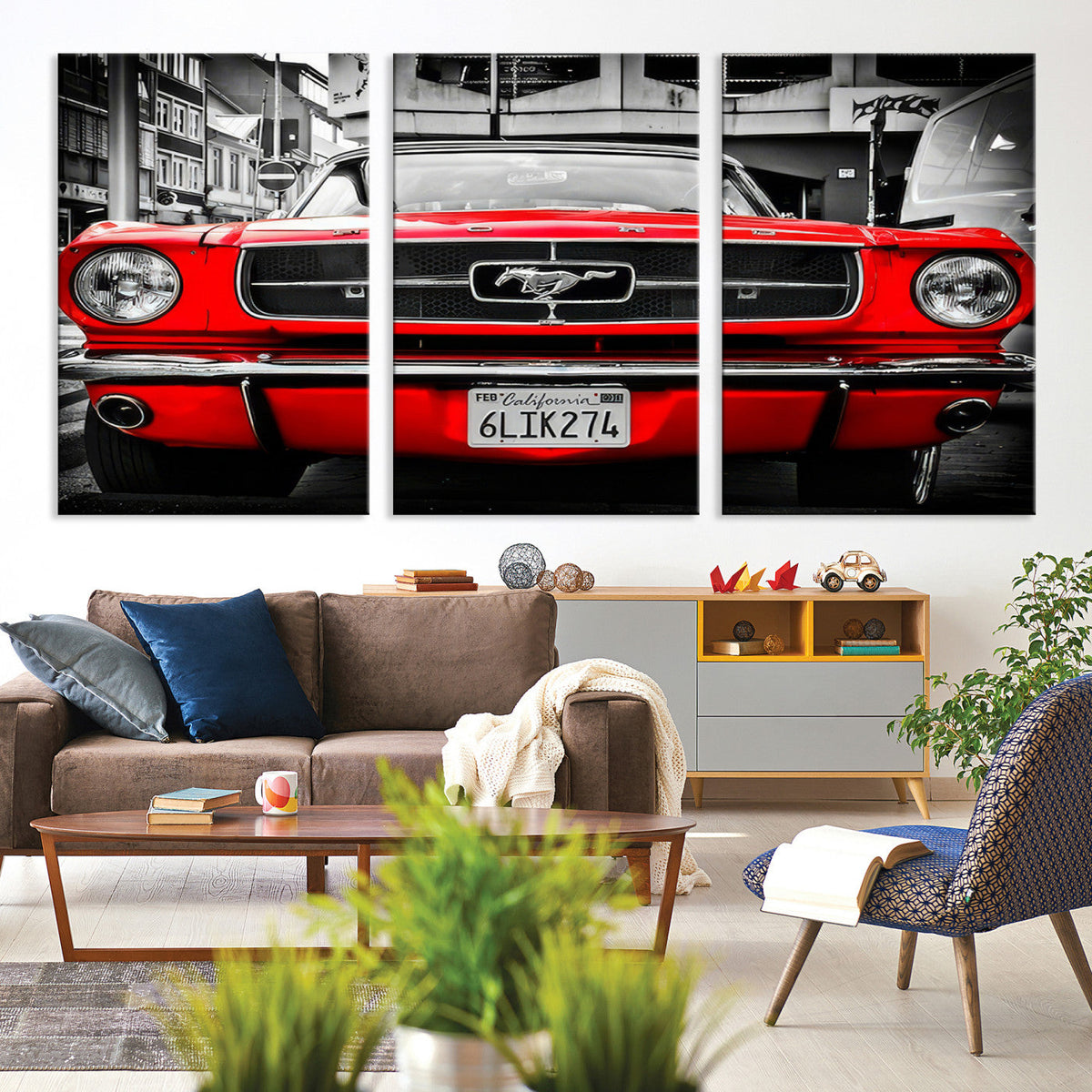 Red Mustang Car Wall Art – Framed Classic Vehicle Canvas