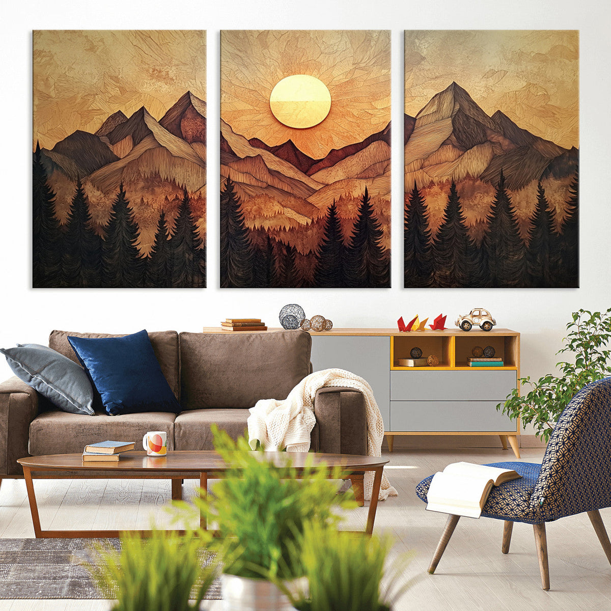 Wood Style Abstract Mountain Sunset Canvas Wall Art Print -