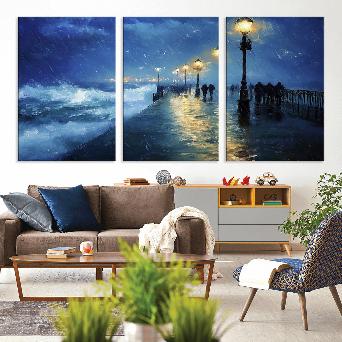Storm Ocean Pier Canvas Wall Art Print - Large Moody Night