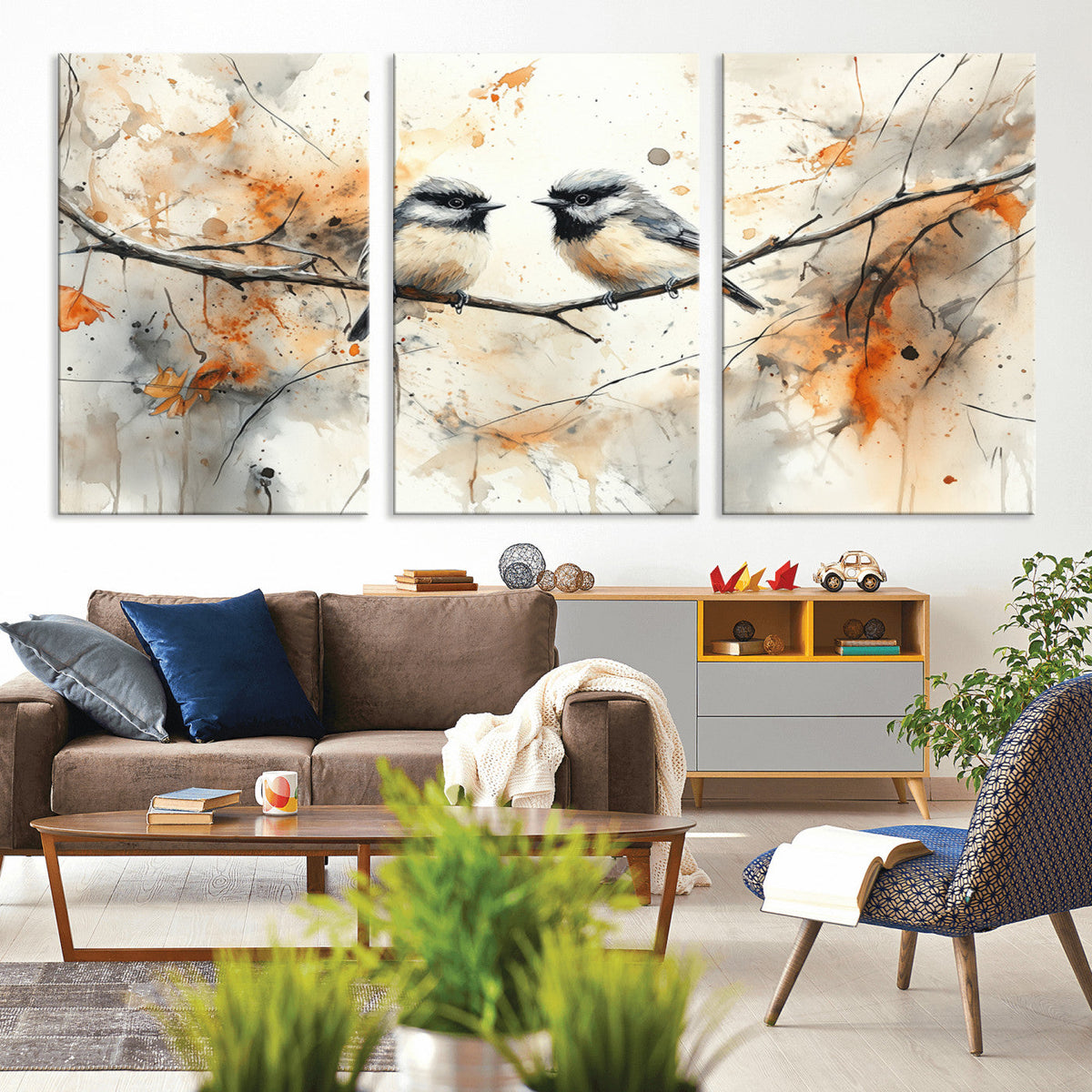 Abstract Watercolor Chickadee Bird Canvas Wall Art Print -