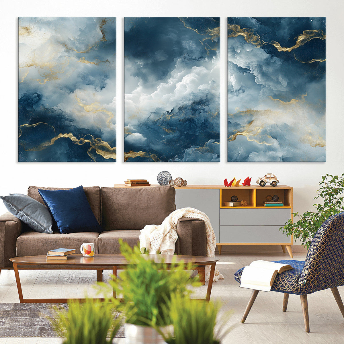 Large Abstract Print - Luxe Blue and Gold Abstract Canvas