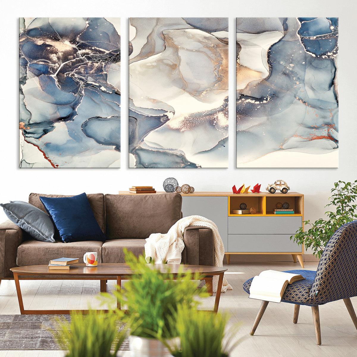 Abstract Blue and Gold Canvas Wall Art - Fluid Modern Ink