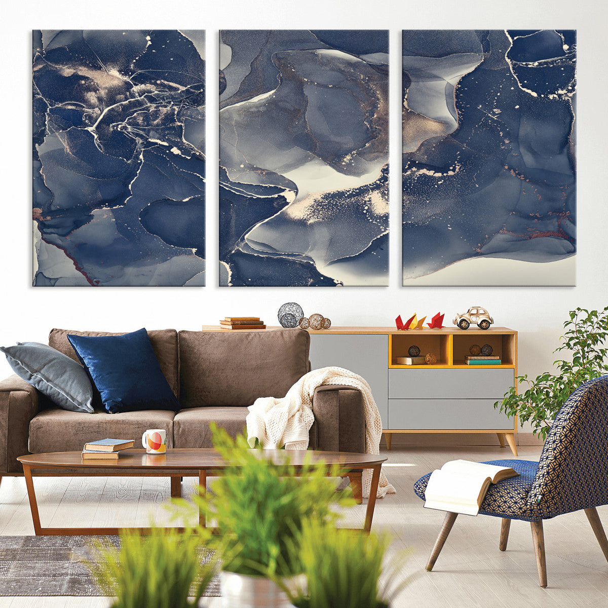 Large Abstract Blue and Gold Canvas Wall Art Fluid Ink