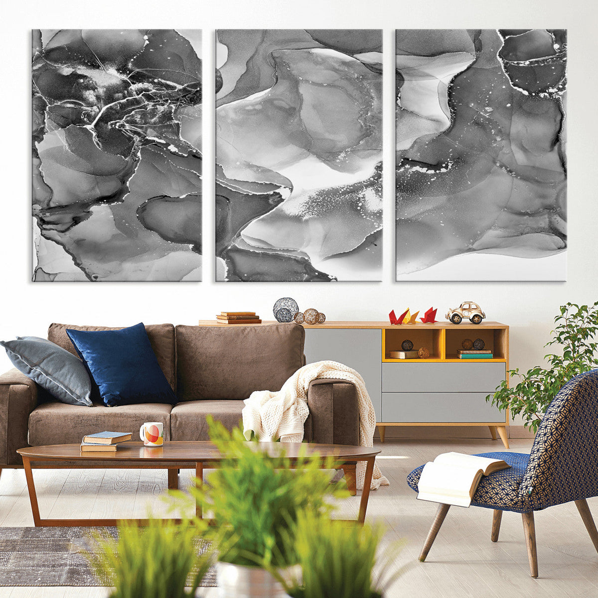Black White Abstract Canvas Wall Art - Fluid Ink Artwork -