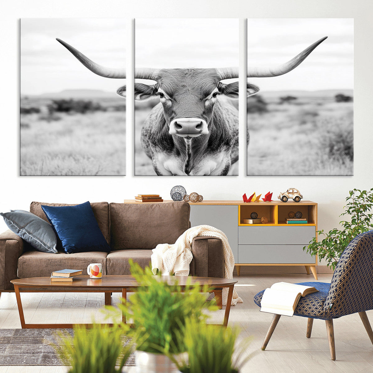Highland Cow Wall Art Canvas Print – Black and White Western