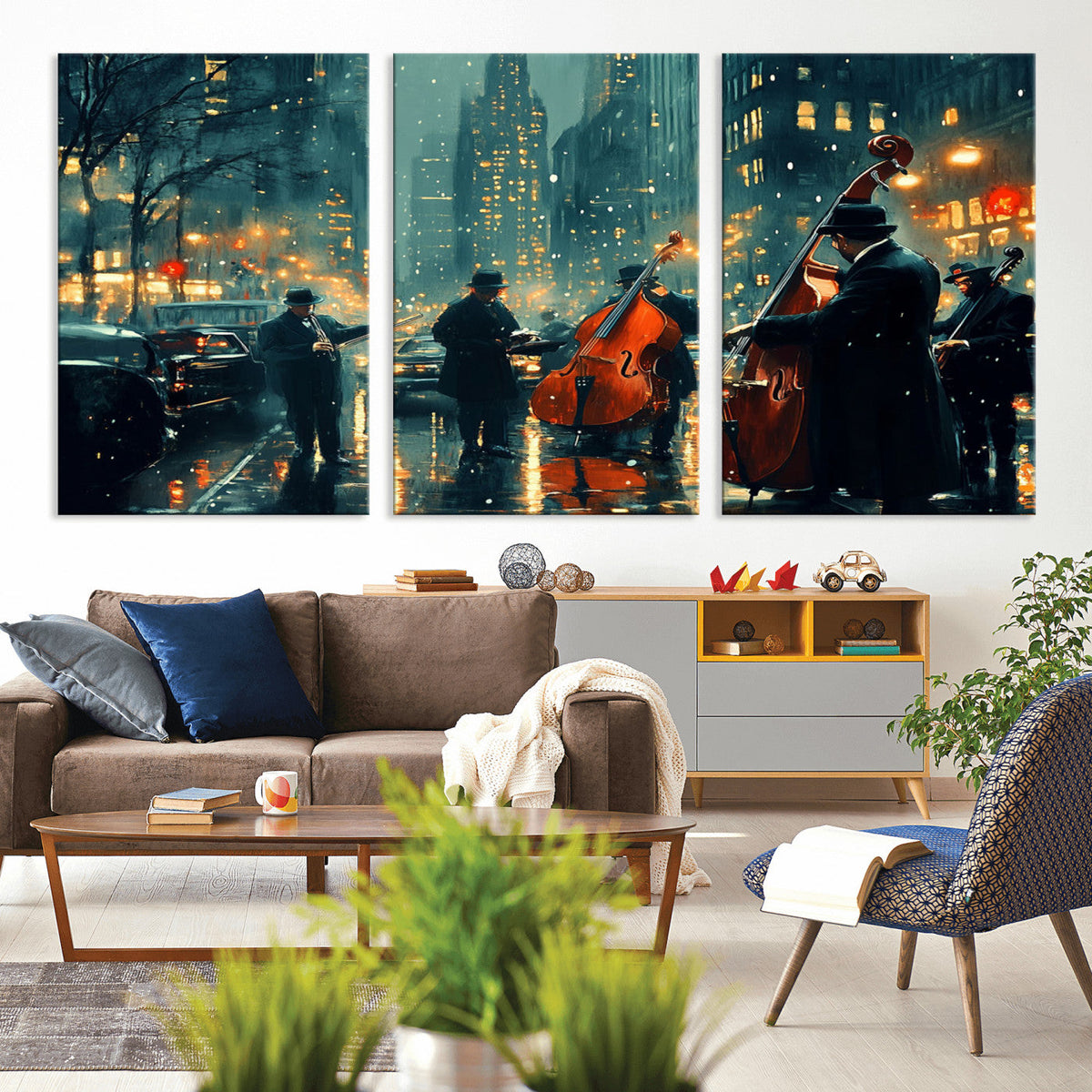 Urban Night Jazz Wall Art Canvas Print – Moody Rain-Soaked