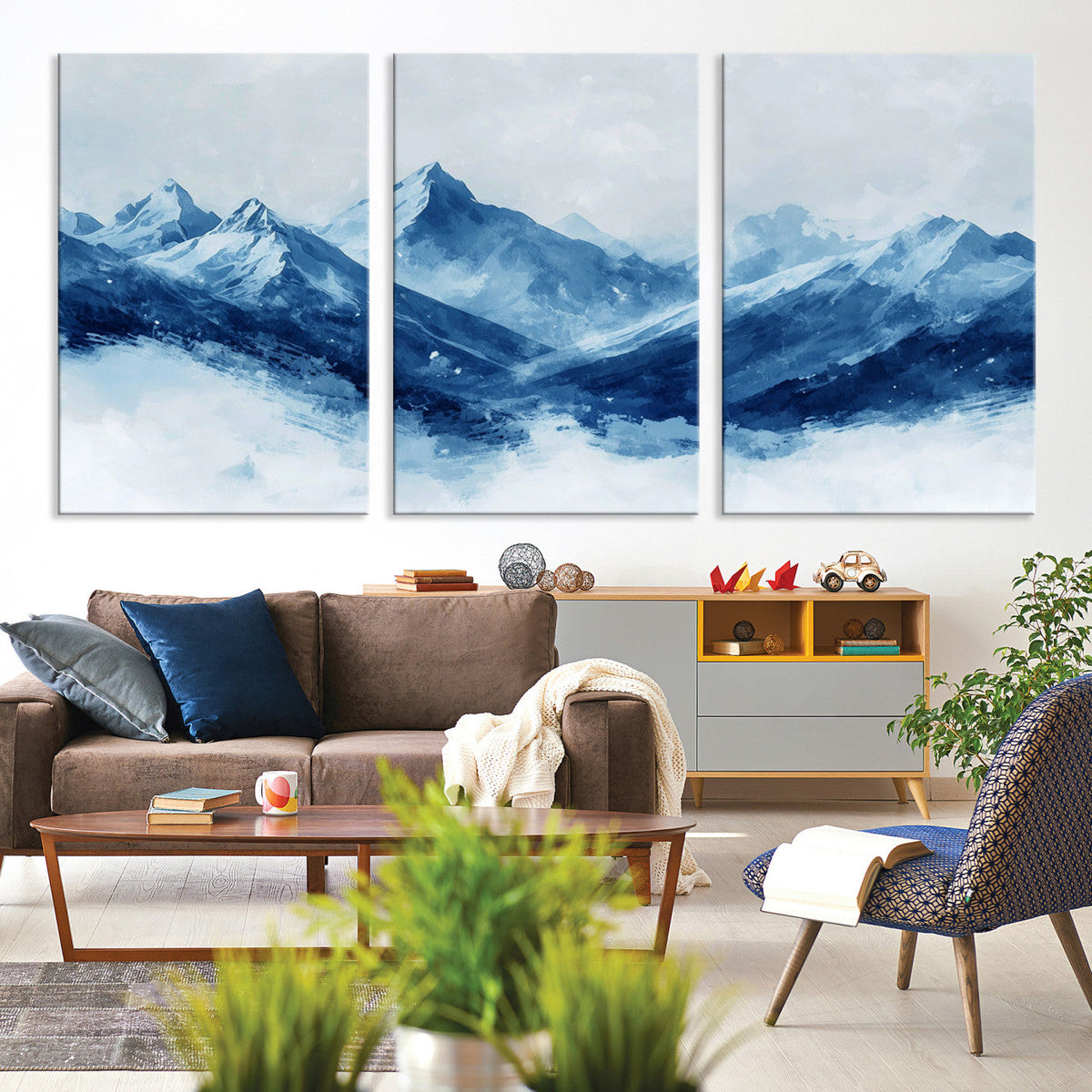 Blue Mountains Wall Art – Framed Snowy Range Canvas Artwork,
