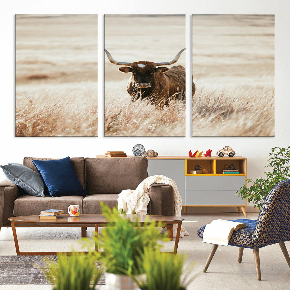 Texas Longhorn Wall Art Canvas Print – Framed Brown Horned