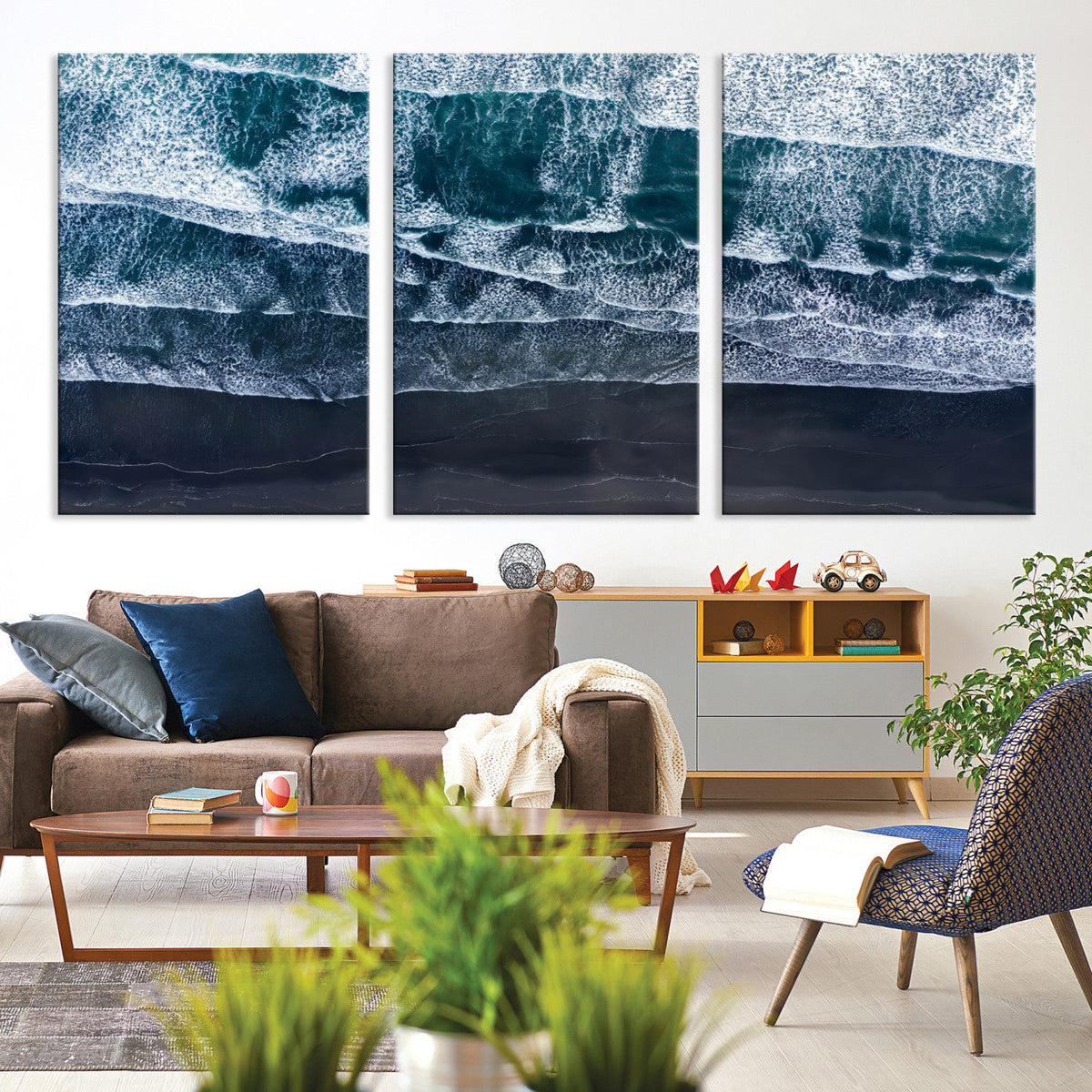 Black Beach Wall Art Canvas Print – Framed Aerial Ocean View