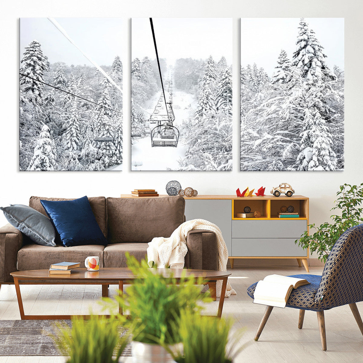 Snowy Ski Lift Wall Art – Framed Winter Mountain Canvas